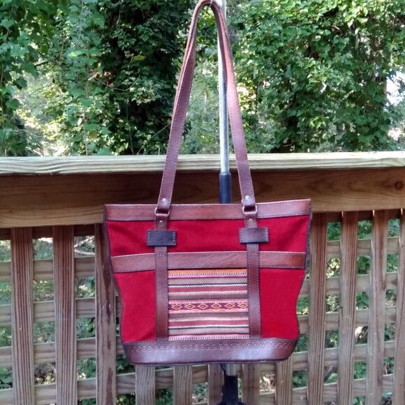 RichRed Suede Encased In Deep Brown Sturdy Tooled CowHide Colorful Woven Patches - Picture 1 of 11